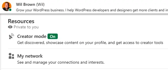 LinkedIn Resources Section. Turn on Creator Mode