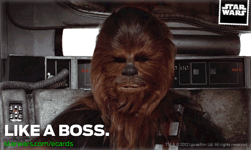 Animated GIF: Super chilled out Chewbacca clasping hands behind his head.